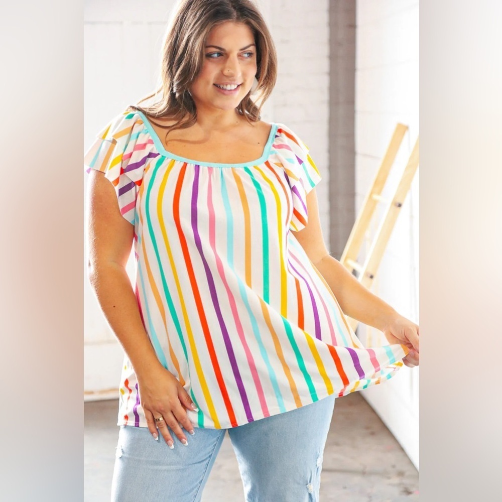 NWT Haptics Rainbow Stripe Flutter Sleeve Blouse 2XL Plus Size